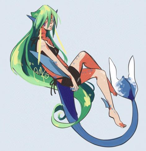 A sketch of my OC Mythril sitting on the air with her legs loosely crossed in a 2-piece bathing suit. Her tail is curved around her and her hair curled around her tail.
