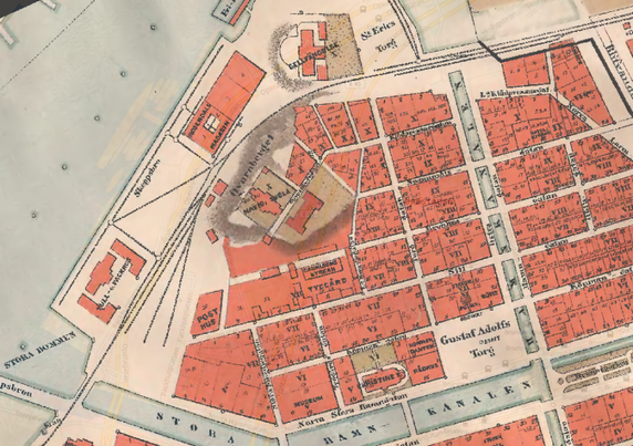 Karta över Västra Nordstan och Kvarnberget 1872.