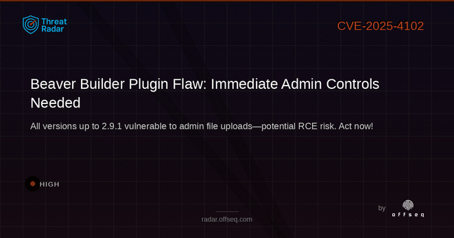 High threat: CVE-2025-4102: CWE-434 Unrestricted Upload of File with Dangerous Type in The Beaver Builder Team Be