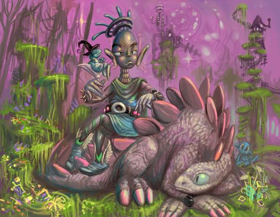 an eccentric person sits on a stegosaurus type dinosaur while holding an alcoholic beverage glass but which contains a small lizard wearing a stereotyped witch hat.  this is occurring in an area covered with dripping green vegetation in front of a pinkish colored sky and occasional scraggle branched bare trees