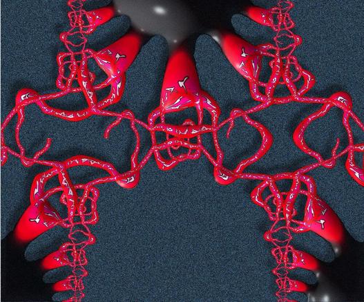 Ineinander verschlungene rote und weiß gemusterte krakenartige Figuren entsteigen schwarzen Blasen vor einem dunkelblauen Hintergrund..

Intertwined red and white patterned squid-like figures emerge from black bubbles against a dark blue background.
