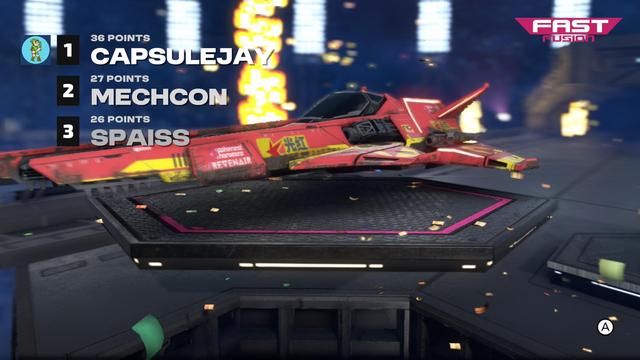 Fast Fusion screenshot. A futuristic red hover car sits at the top of the podium.