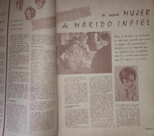 Página de una revista vintage que contiene un artículo titulado 'Carta Abierta a una Mujer de Marido Infiel', con ilustraciones y texto acerca de infidelidad masculina y consejos cuestionables para mujeres.