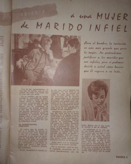 Página de una revista vintage titulada 'Abierta a una mujer de marido infiel', con imágenes de dos mujeres y un hombre en un entorno social, discutiendo tópicos sobre infidelidad.