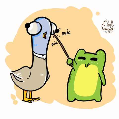 Una paloma de cuello hiper largo y ojos bizcos siendo tocada en un ojo por un palito que tiene Froggelio que pone cara de pillo.

A dove with long neck and weird eyes being touched in one eye with a stick from froggelio who is smirking.