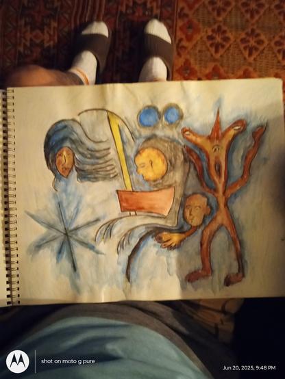 An abstract watercolor that isn't any good features a floating head, an axe, two misshapen humanoids, and a ridiculous monster.
