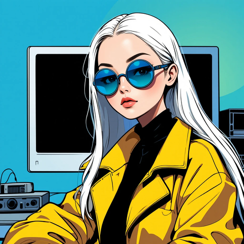 Ilustración de una mujer joven con cabello blanco y gafas de sol azules, vistiendo un abrigo amarillo, sentada frente a una computadora de escritorio antigua.