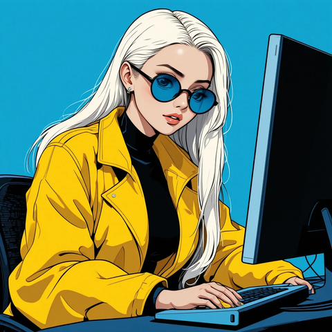 Ilustración de una persona con cabello largo y rubio, usando gafas negras y una chaqueta amarilla, sentada frente a una computadora en un fondo azul.
