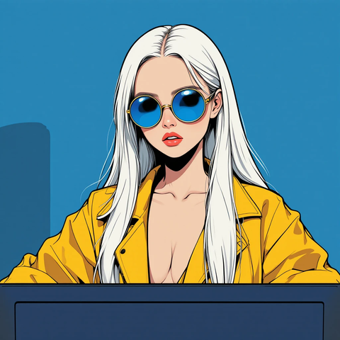 Ilustración de una mujer con cabello largo y blanco, usando gafas de sol azules y una chaqueta amarilla, sentada frente a una computadora. Fondo azul.