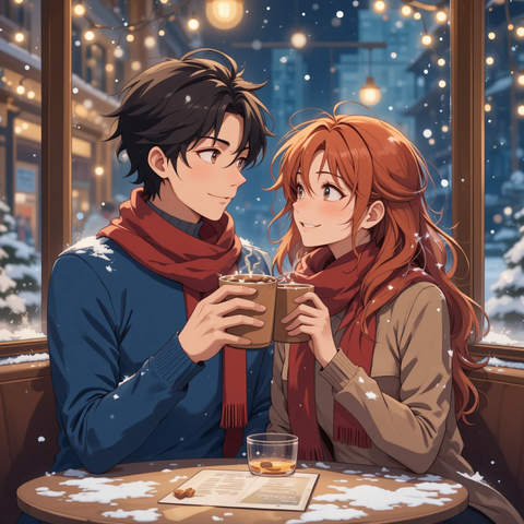 Pareja disfrutando de bebidas calientes en un café decorado con luces, en un ambiente invernal.