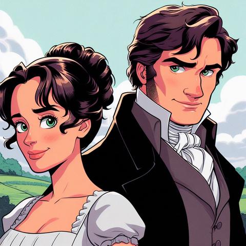Ilustración de una pareja elegante en un paisaje campestre, con un hombre de semblante confiado y una mujer sonriendo, ambos vestidos con ropa de época.
