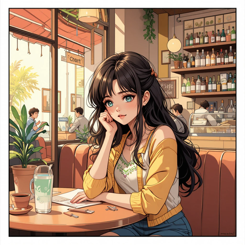 Ilustración de una joven sentada en una cafetería, mirando pensativa mientras escribe en una mesa, con un ambiente acogedor y decoraciones modernas.