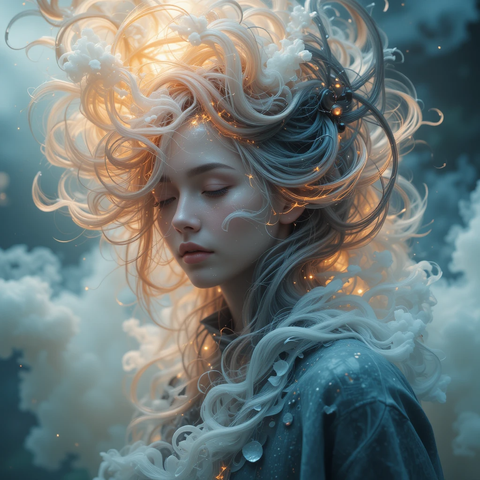Retrato de una mujer con cabello largo y fluido, iluminado por un resplandor dorado, en un fondo etéreo con nubes suaves.