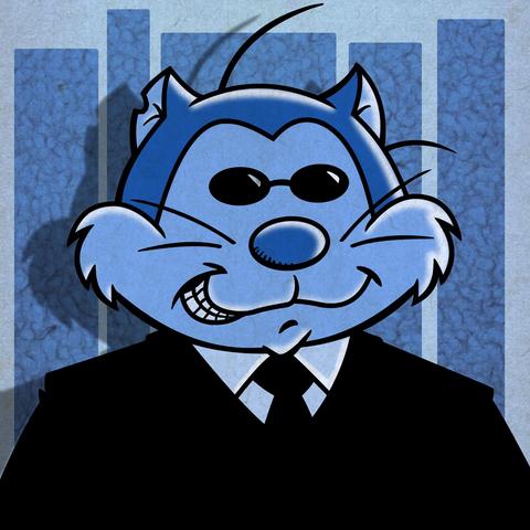 Anthropomorphic cat wearing sunglasses, black jacket, white shirt and black tie.