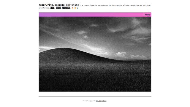 The image is a screenshot of a website for the "read/write/execute institute." The website's header includes the name of the institute and a tagline that reads, "a covert format operating at the intersection of code, aesthetics and political interference." Below the header, there is a navigation bar with links to "home," "about," "projects," and social media icons. The main content area features a large, black-and-white photograph of a landscape with a prominent hill in the foreground and a cloudy sky in the background. The photograph is textured, resembling a halftone print. The website's footer contains a copyright notice: "© 2024 copyleft nex.institute." The overall design is minimalistic, with a clean layout and a focus on the central image.