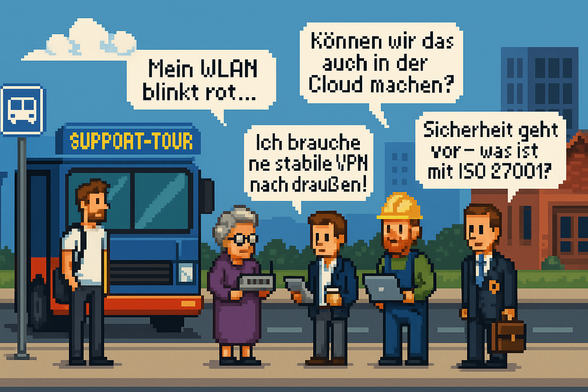 Eine Gruppe von Menschen die auf IT-Service Hilfe warten.
Der IT-Service Mitarbeiter ist soeben aus dem Support Bus ausgestiegen