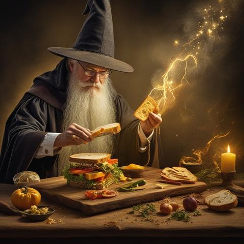 Illustration: A wizard transforms a sandwich into Fediverse follows.
