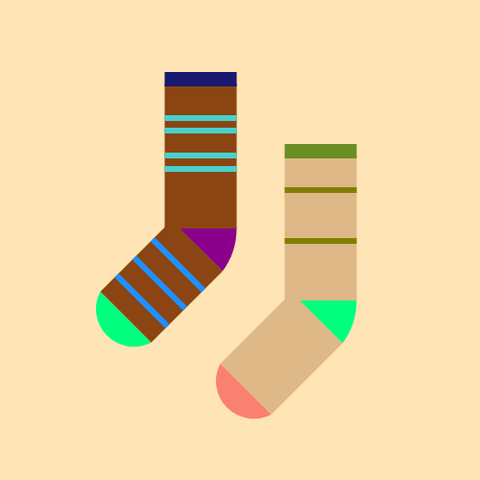 Two socks: One is a SaddleBrown sock with a DarkMagenta heel, a SpringGreen toe, and a MidnightBlue cuff, with four MediumTurquoise stripes on the leg and three DodgerBlue stripes on the foot, and the other is a Burlywood sock with a SpringGreen heel, a Salmon toe, and an OliveDrab cuff, with two Olive stripes on the leg, all on a Moccasin background.