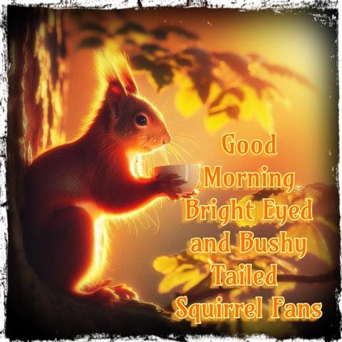 Picture a red squirrel standing on a branch in the early morning sun , a cuppa in their paws , looking happy & ready to tackle the day. The caption reads: “Good
Morning Bright Eyed and Bushy Tailed Squirrel fans”

AI generated pic with help from AI whisperer @PixysJourney@beige.party