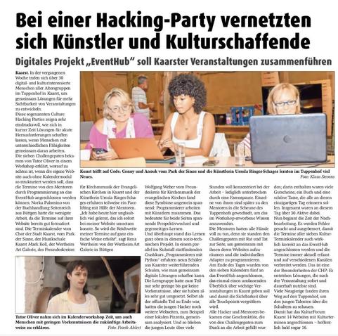 Zeitungsausschnitt mit dem Titel Bei einer Hacking-Party vernetzten sich Künstler und Kulturschaffende.