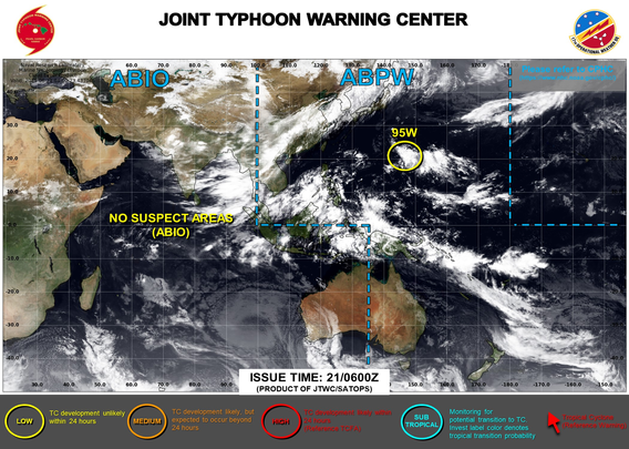 ABPW10 PGTW 210600
MSGID/GENADMIN/JOINT TYPHOON WRNCEN PEARL HARBOR HI//
SUBJ/SIGNIFICANT TROPICAL WEATHER ADVISORY FOR THE WESTERN AND SOUTH 
PACIFIC OCEANS/210600Z-220600ZJUN2025//
RMKS/
1. WESTERN NORTH PACIFIC AREA (180 TO MALAY PENINSULA):
   A. TROPICAL CYCLONE SUMMARY: NONE.
   B. TROPICAL DISTURBANCE SUMMARY:
      (1) AN AREA OF CONVECTION (INVEST 95W) HAS PERSISTED NEAR 21.8N 
145.9E, APPROXIMATELY 498 NM NORTH-NORTHEAST OF GUAM. THE AREA OF 
CONVECTION (INVEST 95W) HAS PERSISTED NEAR 21.8N 145.9E, APPROXIMATELY 
498 NM NORTH-NORTHEAST OF GUAM. ANIMATED MULTISPECTRAL SATELLITE IMAGERY 
AND A 210230Z GMI 37GHZ MICROWAVE IMAGE DEPICT FLARING CONVECTION OVER A 
CONSOLIDATING LOW LEVEL CIRCULATION CENTER (LLCC). FURTHERMORE, A 
210012Z ASCAT-C IMAGE EMPHASIZES A BROAD CIRCULATION WITHIN THE AREA. 
ANALYSIS INDICATES 95W IS CURRENTLY IN A MARGINALLY FAVORABLE 
ENVIRONMENT FOR DEVELOPMENT WITH LOW (10-15 KNOT) VERTICAL WIND SHEAR, 
WEAK DIVERGENCE ALOFT AND WARM (29-30C) SEA SURFACE TEMPERATURES. A 
TROPICAL UPPER TROPOSPHERIC TROUGH (TUTT) CELL OVER THE WESTERN PORTION 
OF THE SYSTEM IS CURRENTLY DEGRADING THE UPPER-LEVEL ENVIRONMENT.  
GLOBAL MODELS ARE IN FAIR AGREEMENT THAT 95W WILL TRACK NORTHWESTWARD 
AND DEVELOP OVER THE NEXT COUPLE DAYS AS THE SYSTEM MOVES INTO A MORE 
FAVORABLE UPPER-LEVEL ENVIRONMENT. MAXIMUM SUSTAINED SURFACE WINDS ARE 
EST