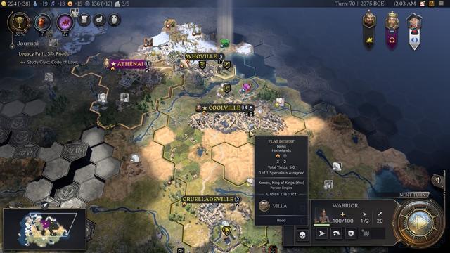 The image displays a gameplay screen from a strategy game featuring a hexagonal grid map. Various cities, such as Coolville and Cruelladeville, are marked, along with resources and terrain types like flat desert. The player’s empire is represented by a thing.