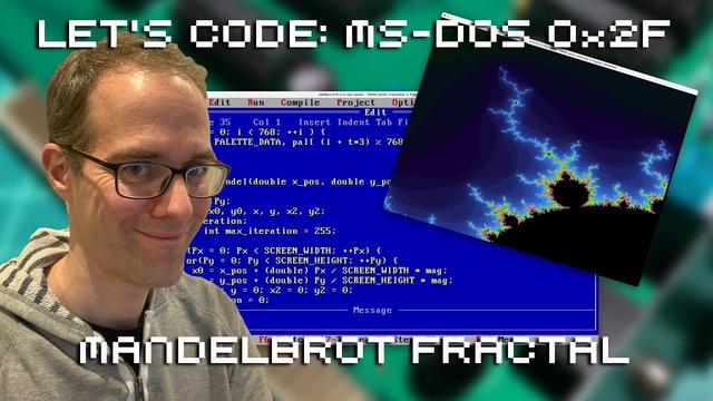 Me in front of a screenshot of Turbo C for MS DOS and next to a screenshot of a Mandelbrot set fractal