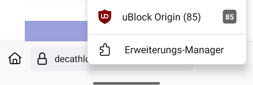 Browser Screenshot der Firefox Erweiterung uBlockOrigin mit 85 geblockten Werbe- und Trackingelementen.