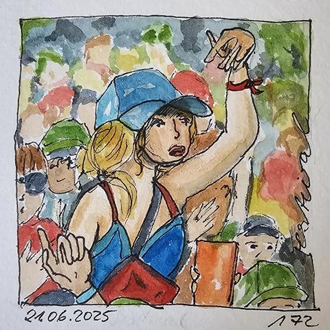 Aquarell: Frau mit Basecup ragt aus einer Menge von Händen und Köpfen auf. Sie scheint ausgelassen auf einem Festival zu feiern.