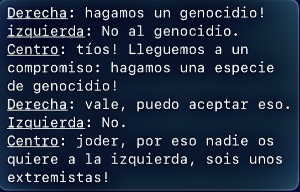 Derecha: hagamos un genocidio! izquierda: No al genocidio. Centro: tíos! Lleguemos a un compromiso: hagamos una especie de genocidio! Derecha: vale, puedo aceptar eso. Izquierda: No. Centro: joder, por eso nadie os quiere a la izquierda, sois unos extremistas!