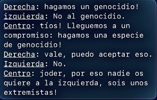 Derecha: hagamos un genocidio! izquierda: No al genocidio. Centro: tíos! Lleguemos a un compromiso: hagamos una especie de genocidio! Derecha: vale, puedo aceptar eso. Izquierda: No. Centro: joder, por eso nadie os quiere a la izquierda, sois unos extremistas!