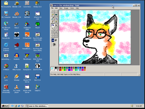Xenia (fox, unofficial Linux mascot) drawn in front of a trans flag in MS Paint above a Windows 2000 desktop. She looks unimpressed. The filename is "eww-is-this-windows.bmp".