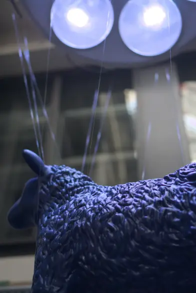 A plastic sheep sculpture suspended with fishing line under an alien looking operation room lamp.
