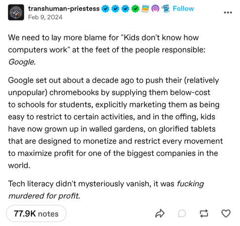 Google reqponsability and dropping tech litteracy linked to chrome books
