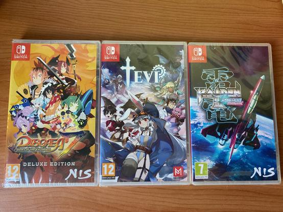 3 Nintendo Switch 1 games on display:

Disgaea 7: Vows of the Virtueless
Tevi
Raiden 3 Mikado Maniax