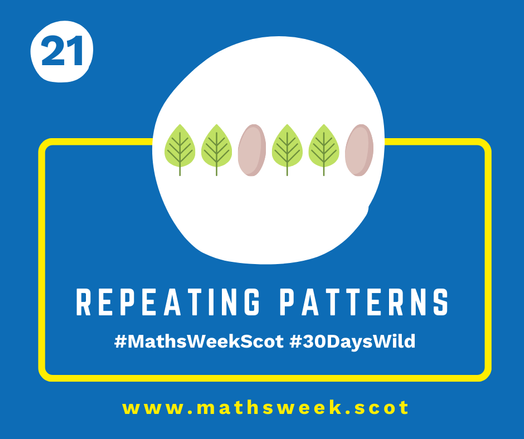 A colourful graphic with a blue background and a yellow frame. Overlapping the top of the frame is a white circle with a picture of alternating green and red leaves. Inside the yellow frame are the words "Repeating Patterns" and the hashtags #MathsWeekScot and #30DaysWild. Under the frame is the Maths Week website URL.