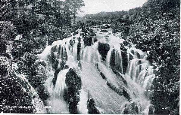 A black and white postcard photo was white waterfalls over a rocky ledge, surrounded by trees. A caption in the bottom left corner reads "Swallow Falls, Bettws-y-Coed."