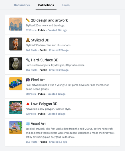 Screenshot of newly created, themed Pixelfed Collections featuring my artwork.