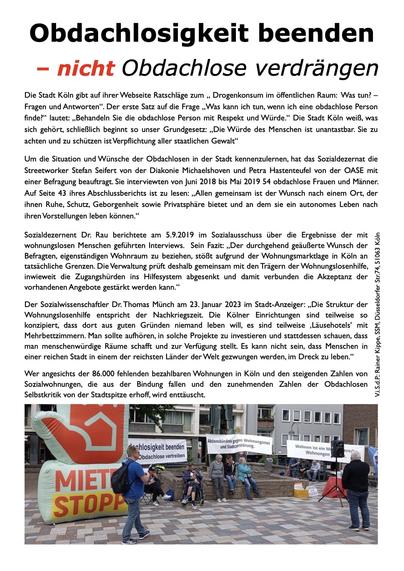 Vorderseite eines Handzettel zur Bewerbung einer Protestveranstaltung unter dem Titel "Obdachlosigkeit beenden - nicht Obdachlose verdrängen".