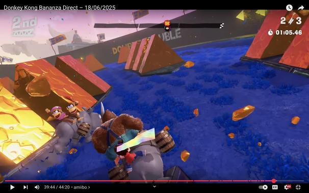 Screenshot of Donkey Kong Bananza on Switch 2 showing a race between Donkey Kong plus Pauline and Diddy and Dixie Kong on Rambi the Rhino.