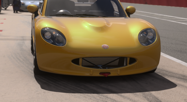 A screenshot from Forza Motorsport, showing a yellow Ginetta G40 sports car. It has smooth lines, and the headlights and radiator grille look a little like a cartoon face.