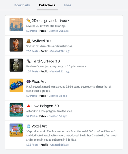 Screenshot of newly created, themed Pixelfed Collections featuring my artwork.