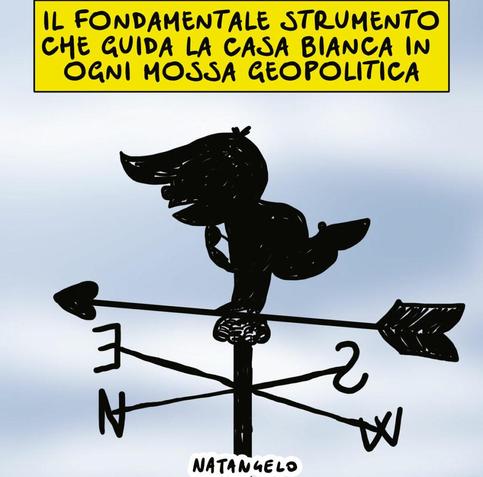 'Il fondamentale strumento che guida la Casa Bianca in ogni mossa geopolitica'.

Nel disegno, un segnavento con la silhouette di Trump al centro.