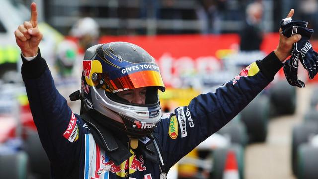Sebastian celebrates in parc ferme.