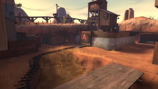 Screenshot of Gold Rush, one of the first payload maps in the game. TF2 did not come out with payload maps but added it soon after, and Gold Rush remained a favourite as it went through many changes.