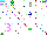 Bildschirmfoto der Pixelebbe, oben links entwickelt sich eine Trans-Flagge, daneben eine Fairydust; etwas mittiger eine Tagespass-Ampel, unten links ein magentafarbenes ":3" und ein Conway's Game of Life-Glider; darum viele bunte versprengte Pixel