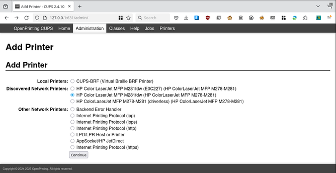 The CUPS "Add Printer" page, showing a discovered HP Color Laserjet MFP printer.
