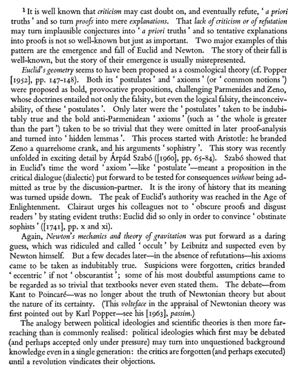 Text from Lakatos "Proofs and Refutations III" (1963)
...
"The analogy between political ideologies and scientific theories is then more far-reaching than is commonly realised: political ideologies which first may be debated (and perhaps accepted only under pressure) may turn into unquestioned background knowledge even in a single generation: the critics are forgotten (and perhaps executed) until a revolution vindicates their objections."
