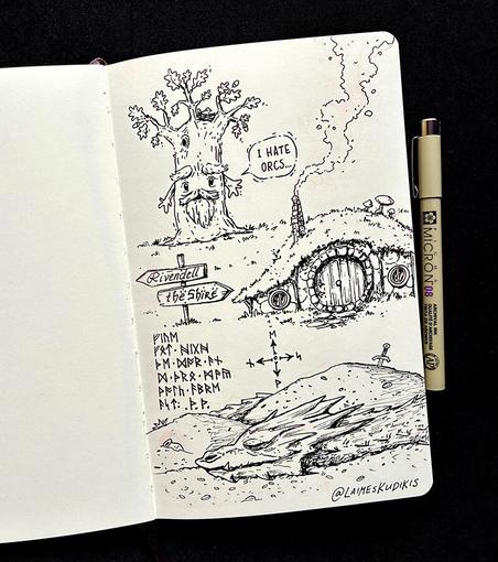 A sketchbook page with Tolkien inspired ink illustrations: cartoony Ent, Hobbit house with a smoke coming up it's chimney, and a sleeping Smaug, hugging piles of gold and treasures
