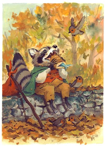 Painting in gouache and watercolor of a raccoon eating a fish sandwich in an autumnal landscape while a few robins gather around. By Victoria Maderna.
